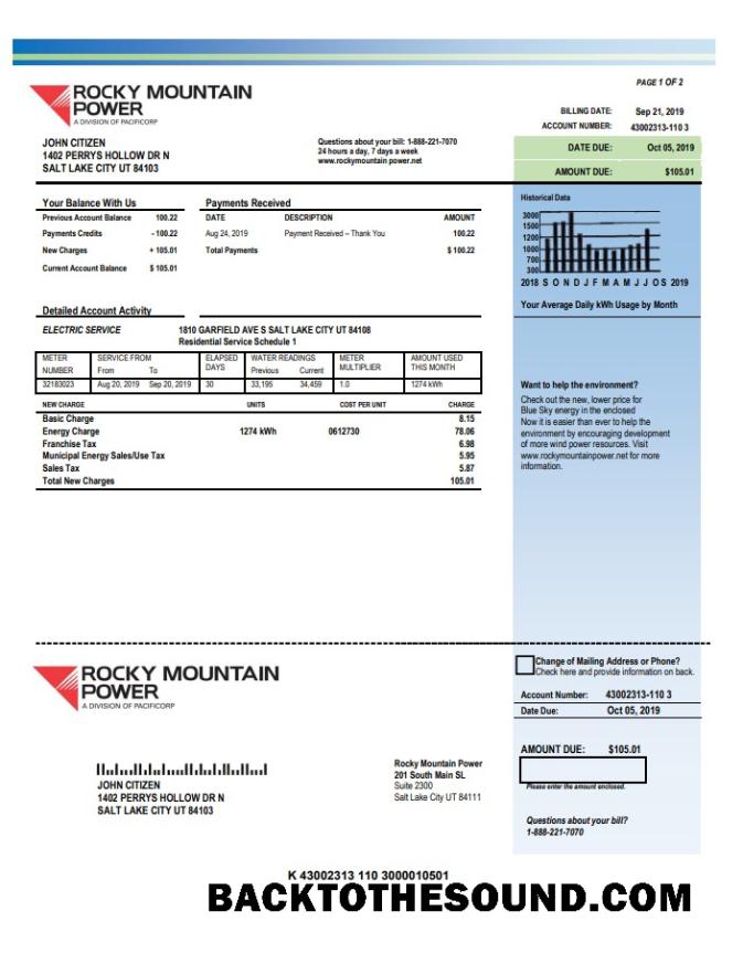 İndir ABD Utah Rocky Mountain Power Elektrik Fatura Fatura in Word and PDF Format Örnek ön izleme