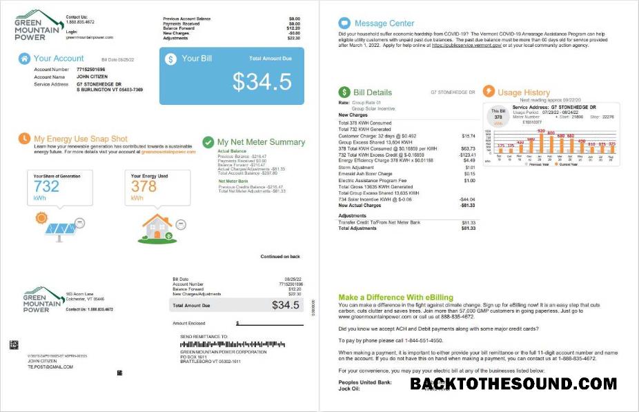 Yüksek Kalite İndir ABD Vermont yeşil Mountain Power Fatura Fatura, Word and PDF Şablon, 2 pages Örnek
