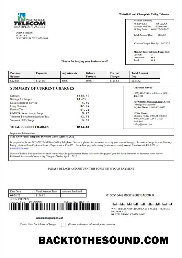 İndir ABD Waitsfield Telecom Fatura Fatura in Word and PDF Format Örnek taslak