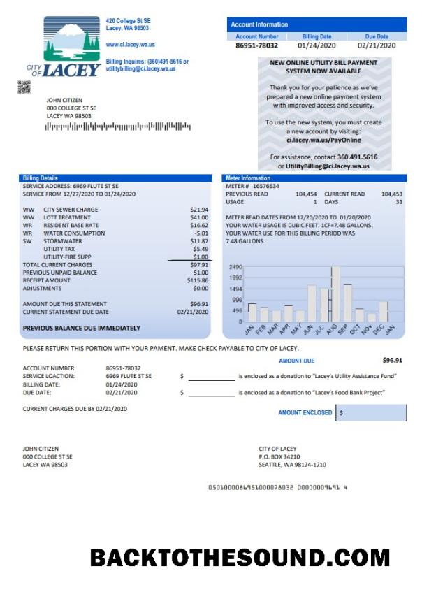 İndir ABD Washington City of Lacey Su Fatura Fatura in Word and PDF Format (proof of address) Örnek ön izleme