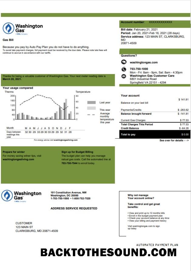 İndir ABD Washington Gaz (WGL) Fatura Fatura in Word and PDF Format Örnek tasarım