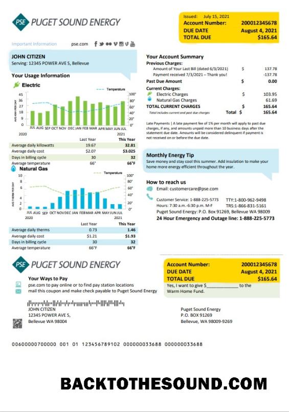 İndir ABD Washington Puget Ses Energy Fatura Fatura in Word and PDF Format Örnek ön izleme