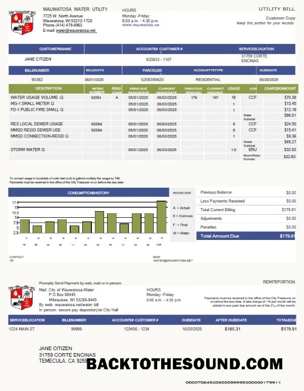 İndir ABD Wauwatosa Su Fatura Fatura in Word and PDF Formatlar Örnek şablon