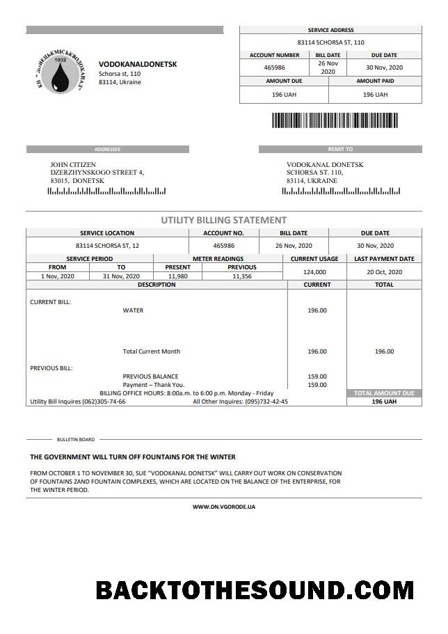 İndir Ukrayna Vodokanal Donetsk (Донецькмиськводоканал) Fatura Fatura in Word and PDF Format Örnek örnek