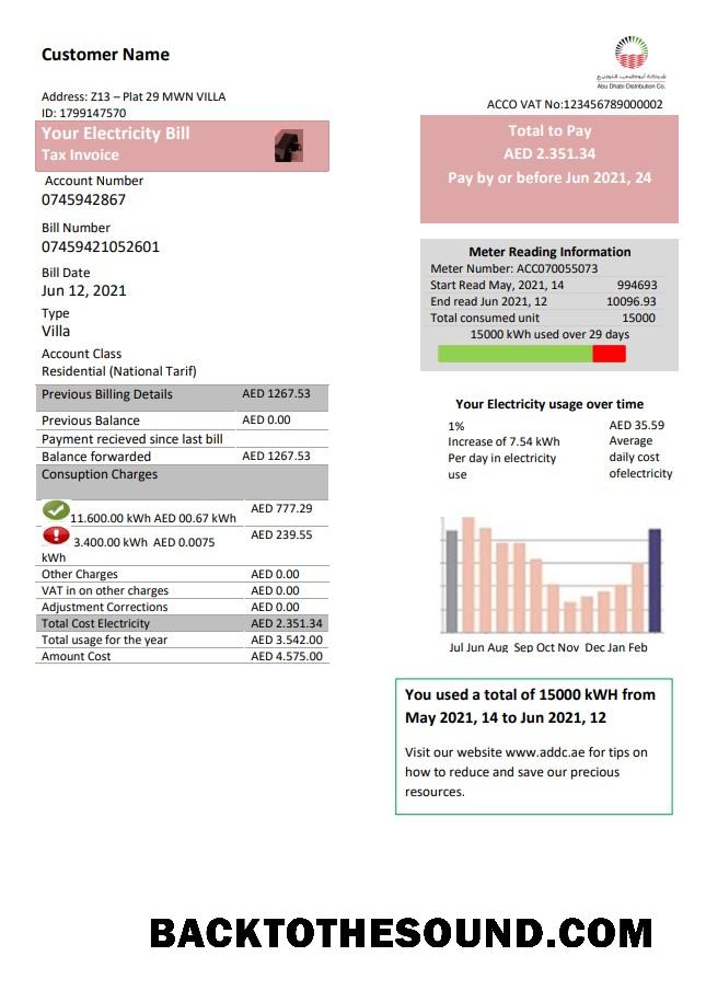 İndir Birleşik Arap Emirlikleri Abu Dhabi Distribution Elektrik Fatura Fatura in Word and PDF Format Örnek şablon