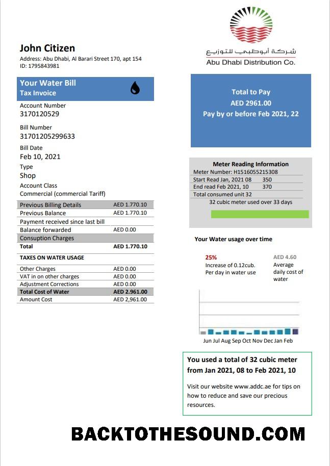 İndir Birleşik Arap Emirlikleri Abu Dhabi Distribution Su Fatura Fatura in Word and PDF Format Örnek örnek