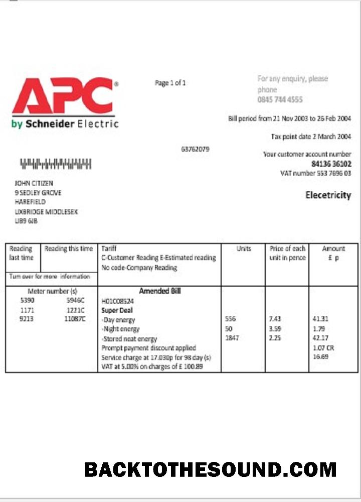 İndir Birleşik Krallık APC Elektrik Fatura Fatura in Word and PDF Format Örnek taslak