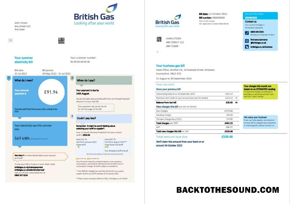 Gerçekçi İndir Birleşik Krallık British Gaz Fatura, Word and PDF Şablon, 2 pages Örnek