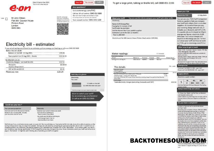 İndir Birleşik Krallık E.ON Elektrik Fatura Fatura in Word and PDF Format, 2 pages, Sürüm 1 Örnek ön izleme