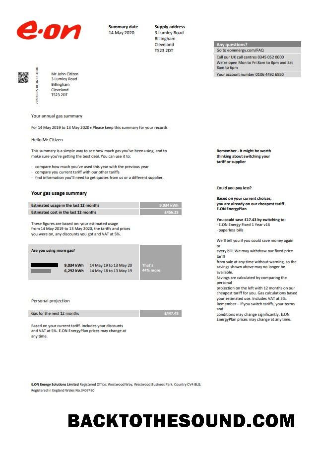 İndir Birleşik Krallık E.ON Fatura Fatura in Word and PDF Format, Sürüm 2 Örnek tasarım