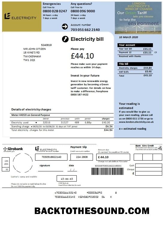 İndir Birleşik Krallık Elektrik Fatura Fatura in Word and PDF Format Örnek tasarım