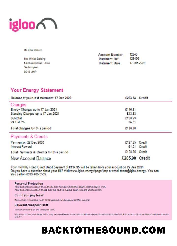 İndir Birleşik Krallık Igloo Energy Fatura Fatura in Word and PDF Format Örnek ön izleme