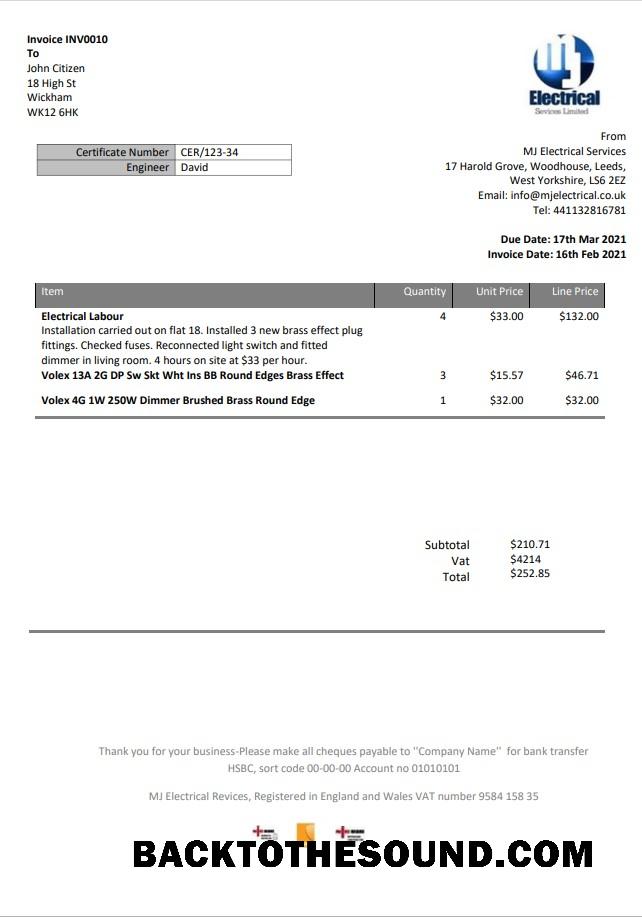 İndir Birleşik Krallık MJ Electrical proof of address Fatura Fatura in Word and PDF Format Örnek taslak