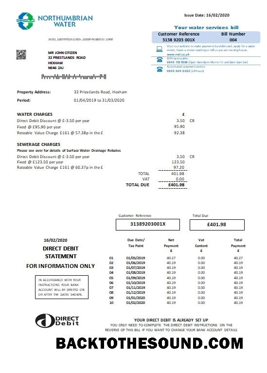 İndir Birleşik Krallık Northumbrian Su Fatura Fatura in Word and PDF Format, Sürüm 2 Örnek taslak