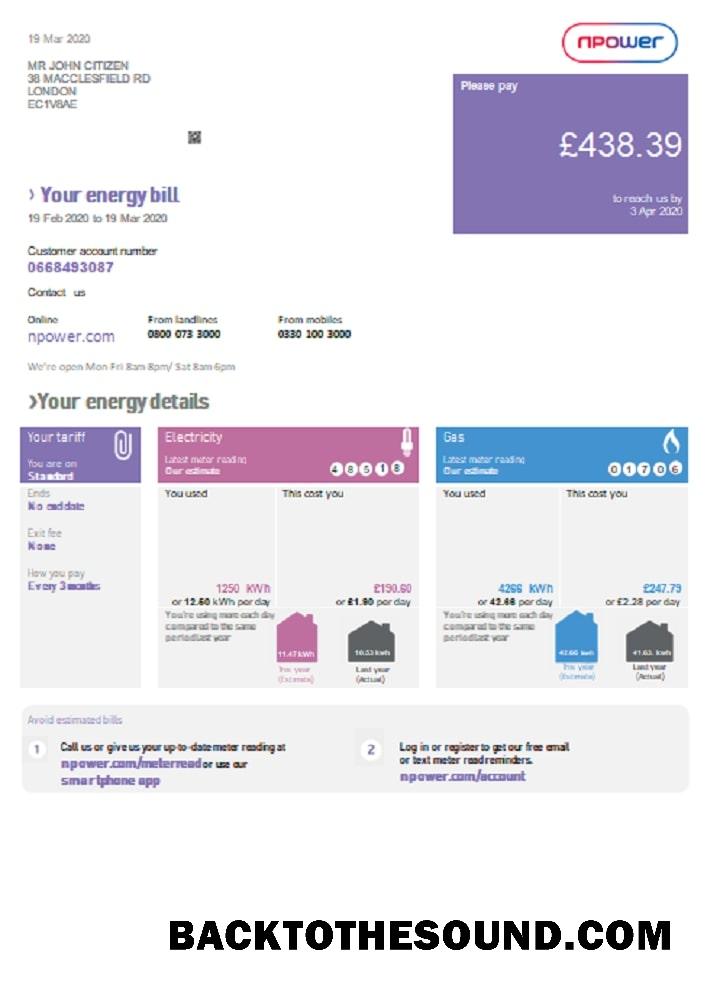 İndir Birleşik Krallık Npower Fatura Fatura in Word and PDF Format Örnek taslak