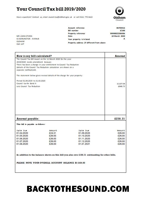 İndir Birleşik Krallık Oldham council Vergi Fatura in Word and PDF Format Örnek taslak