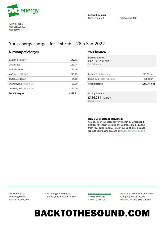 İndir Birleşik Krallık Ovo Energy Elektrik Fatura, Word and PDF Örnek ön izleme