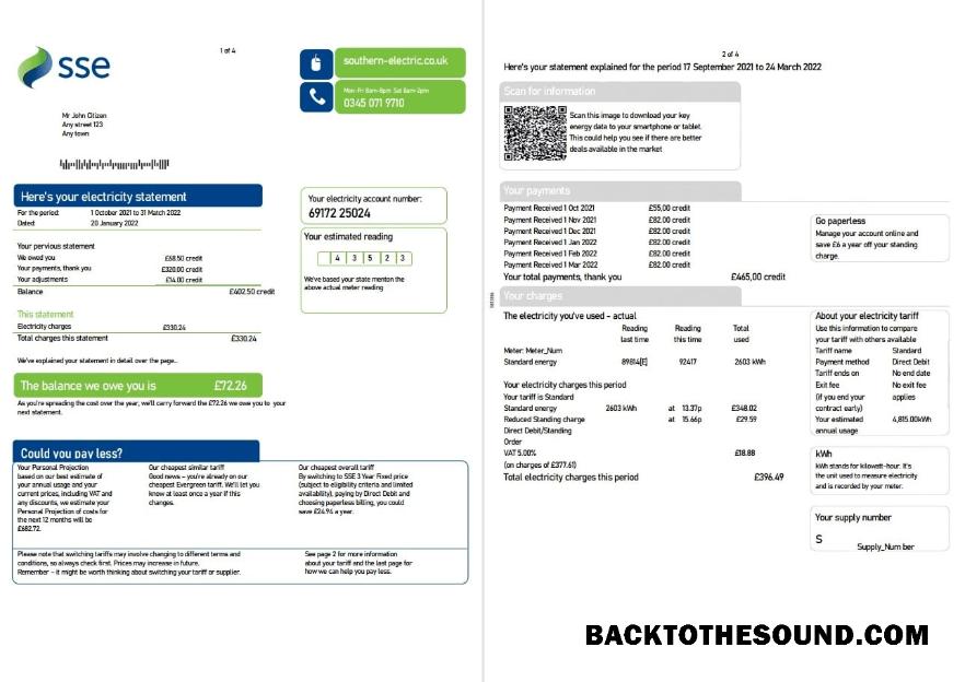 Premium İndir Birleşik Krallık SSE Energy Fatura Fatura, Word and PDF Şablon, 4 pages 1 2 Örnek