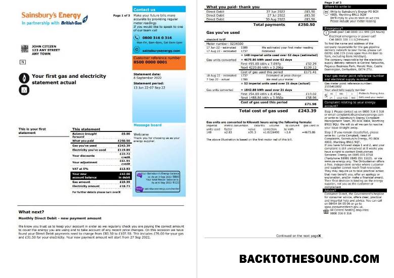 Düzenlenebilir İndir Birleşik Krallık Sainsbury’s Energy (British Gaz) Fatura, Word and PDF Şablon, 3 pages 1 2 Örnek