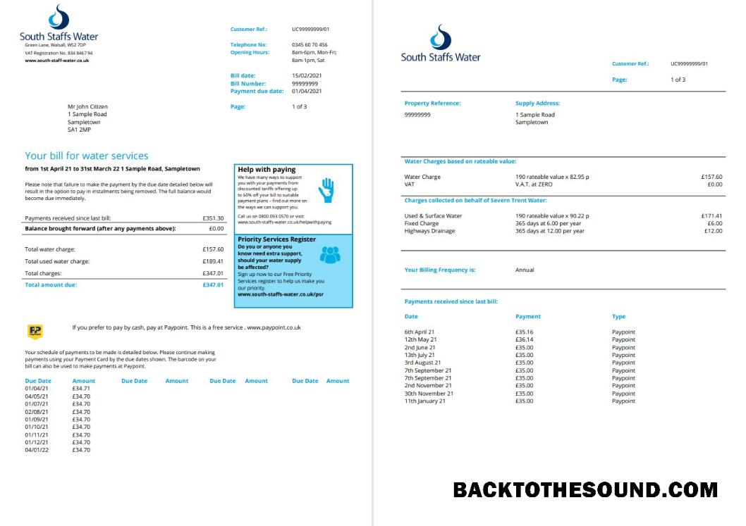 İndir Birleşik Krallık South Staffs Su Fatura Fatura in Word and PDF Format, 2 pages Örnek örnek