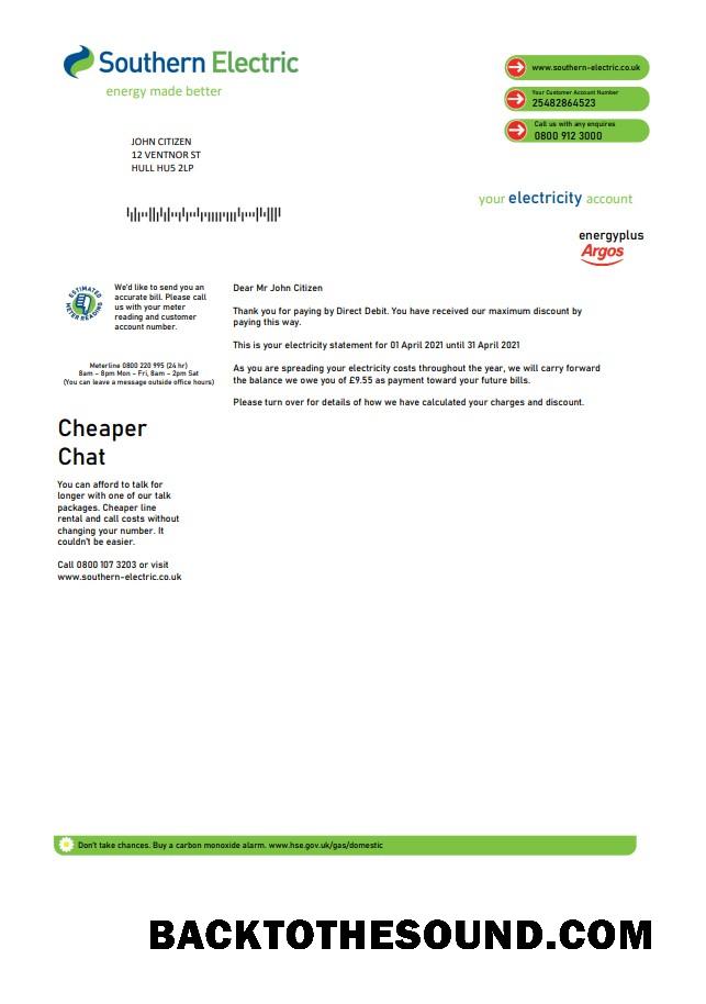 İndir Birleşik Krallık Southern Electric proof of address Fatura Fatura in Word and PDF Format Örnek şablon