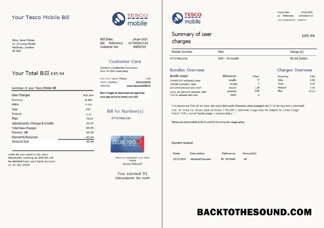 İndir Birleşik Krallık Tesco Mobile Fatura Fatura in Word and PDF Formatlar, 2 pages, Sürüm 2 Örnek örnek