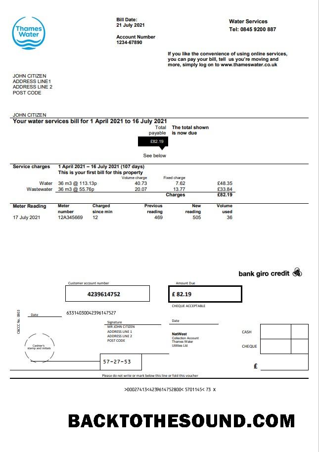 İndir Birleşik Krallık Thames Su Fatura Fatura in Word and PDF Format Örnek örnek