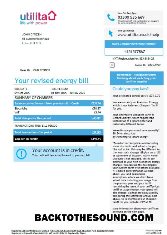 İndir Birleşik Krallık Utilita Energy Fatura Fatura in Word and PDF Formatlar Örnek tasarım