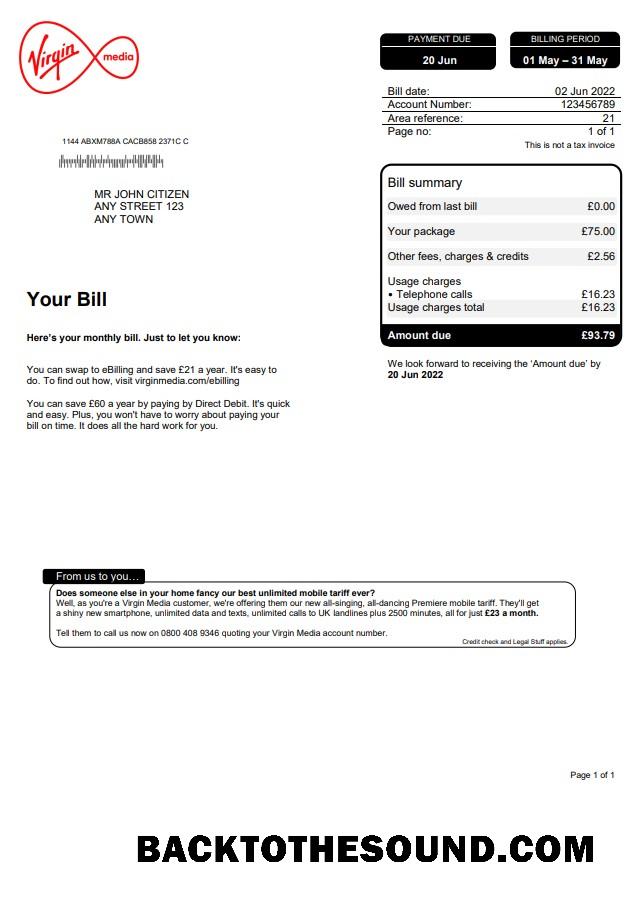 İndir Birleşik Krallık Virgin Media Fatura Fatura, Word and PDF Örnek tasarım