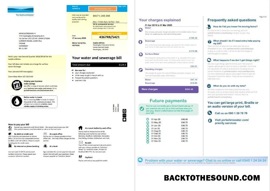 İndir Birleşik Krallık Yorkshire Su Fatura Fatura in Word and PDF Format (2 pages) Örnek örnek