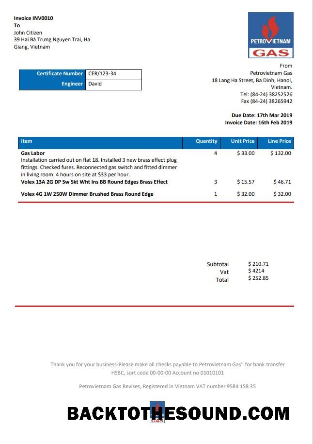 İndir Vietnam Petrovietnam Gaz Fatura Fatura in Word and PDF Format Örnek ön izleme